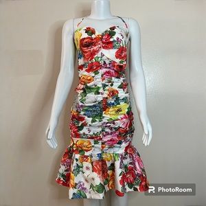 White floral print halter neck ruched bodycon ruffle hem mini dress